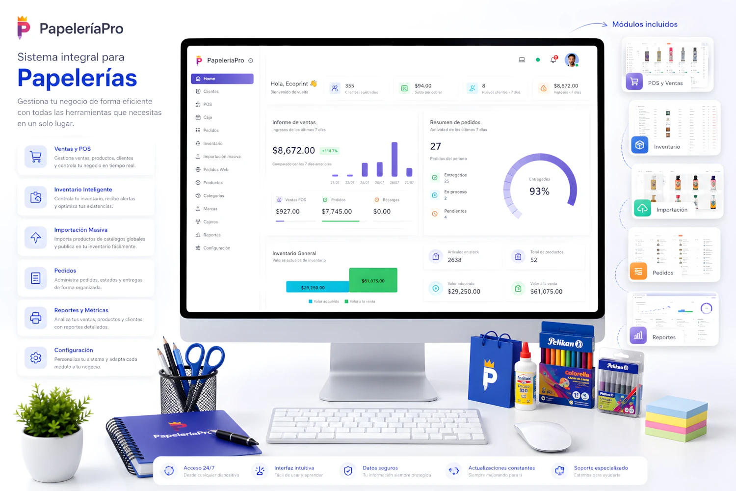 PapeleriaApp mostrando el panel completo junto con productos y herramientas de una papelería
