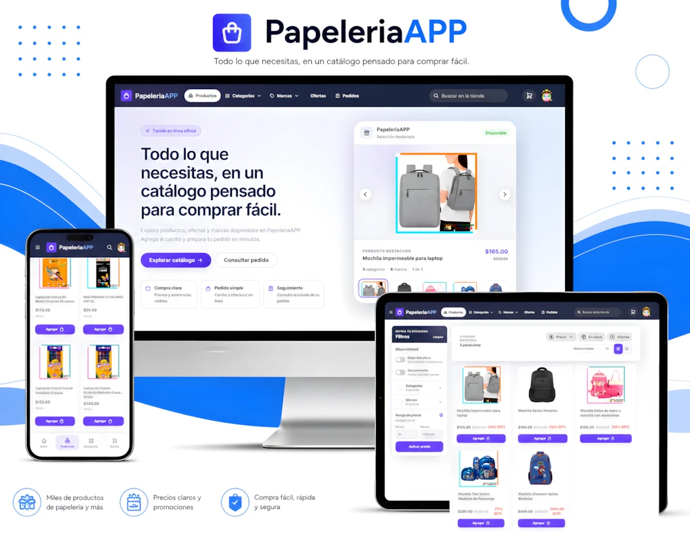 Tienda en línea de PapeleriaApp mostrada en computadora, tableta y teléfono