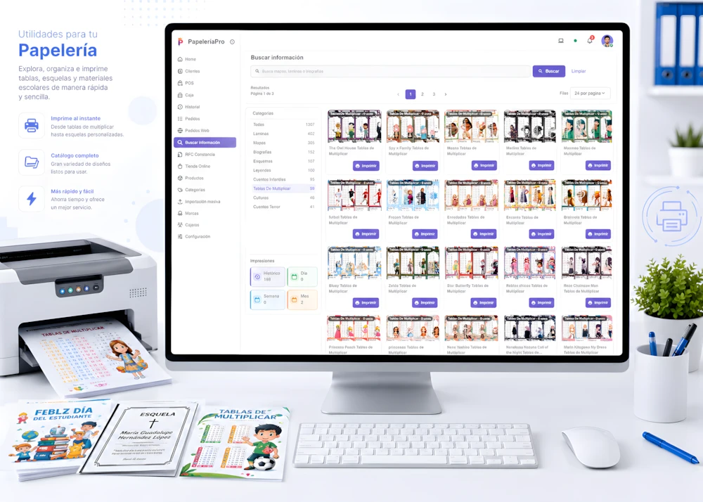 Biblioteca de utilidades escolares listas para buscar e imprimir en PapeleriaApp